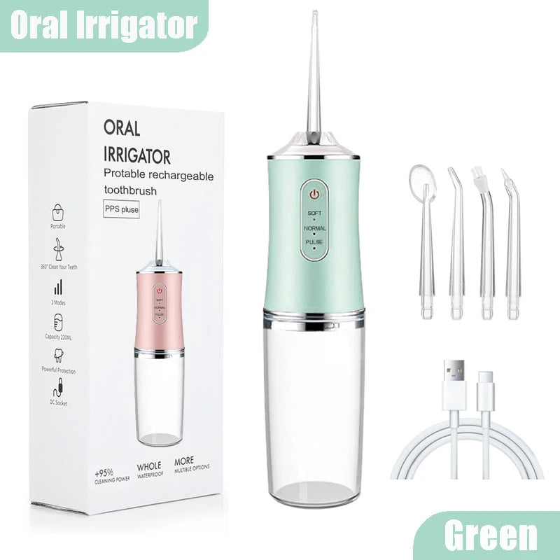 Irrigador Bucal Portátil 220 ml | 4 Boquillas, 3 Modos, Recargable USB, Limpieza Profunda