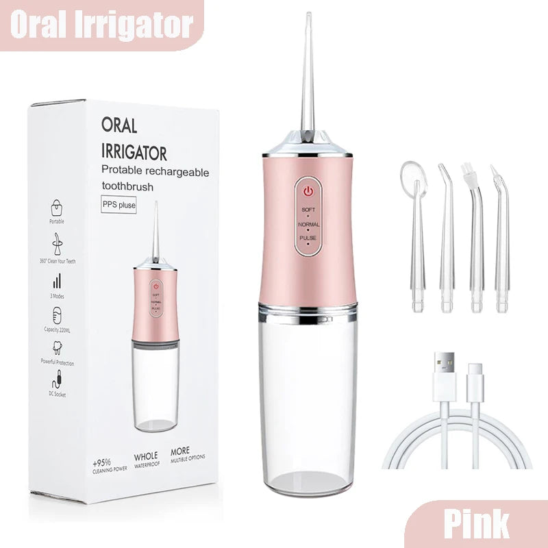 Irrigador Bucal Portátil 220 ml | 4 Boquillas, 3 Modos, Recargable USB, Limpieza Profunda