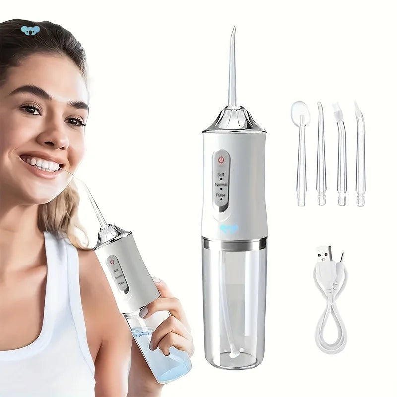 Irrigador Bucal Portátil 220 ml | 4 Boquillas, 3 Modos, Recargable USB, Limpieza Profunda