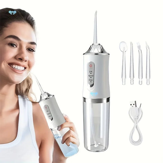 Irrigador Bucal Portátil 220 ml | 4 Boquillas, 3 Modos, Recargable USB, Limpieza Profunda