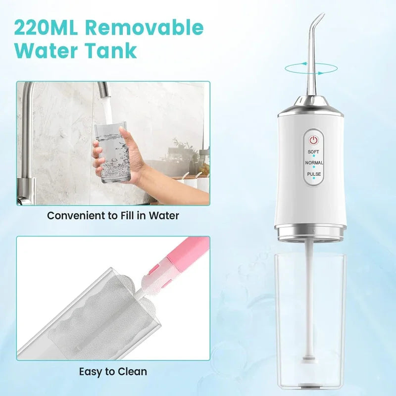 Irrigador Bucal Portátil 220 ml | 4 Boquillas, 3 Modos, Recargable USB, Limpieza Profunda