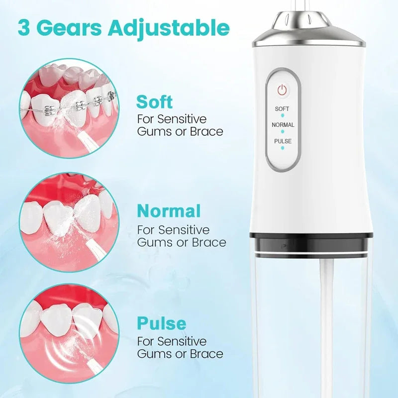 Irrigador Bucal Portátil 220 ml | 4 Boquillas, 3 Modos, Recargable USB, Limpieza Profunda
