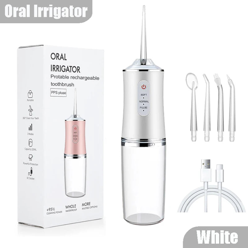 Irrigador Bucal Portátil 220 ml | 4 Boquillas, 3 Modos, Recargable USB, Limpieza Profunda
