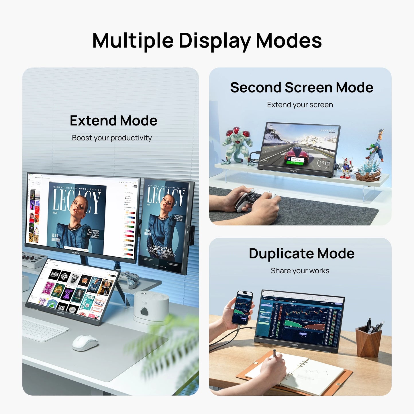 Monitor Portátil ARZOPA 15.6” FHD 1080P 60 Hz| USB‑C + Mini HDMI, Pantalla IPS, Segunda Pantalla para Laptop, Consolas y Mac