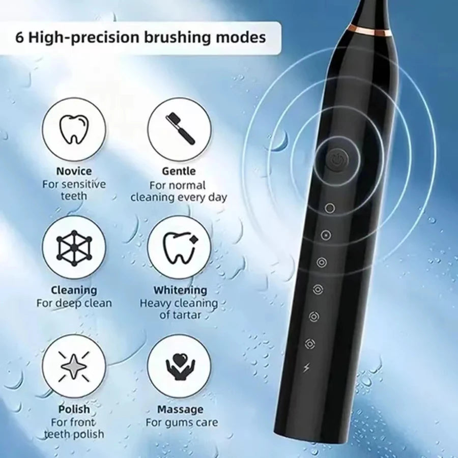 Cepillo de Dientes Eléctrico Ultrasónico 6 Modos | Suave, Impermeable, USB, Limpieza Profunda para Adultos
